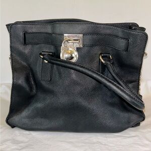 Michael Kors Hamilton Large Saffiano Leather Satchel – Black/Silver